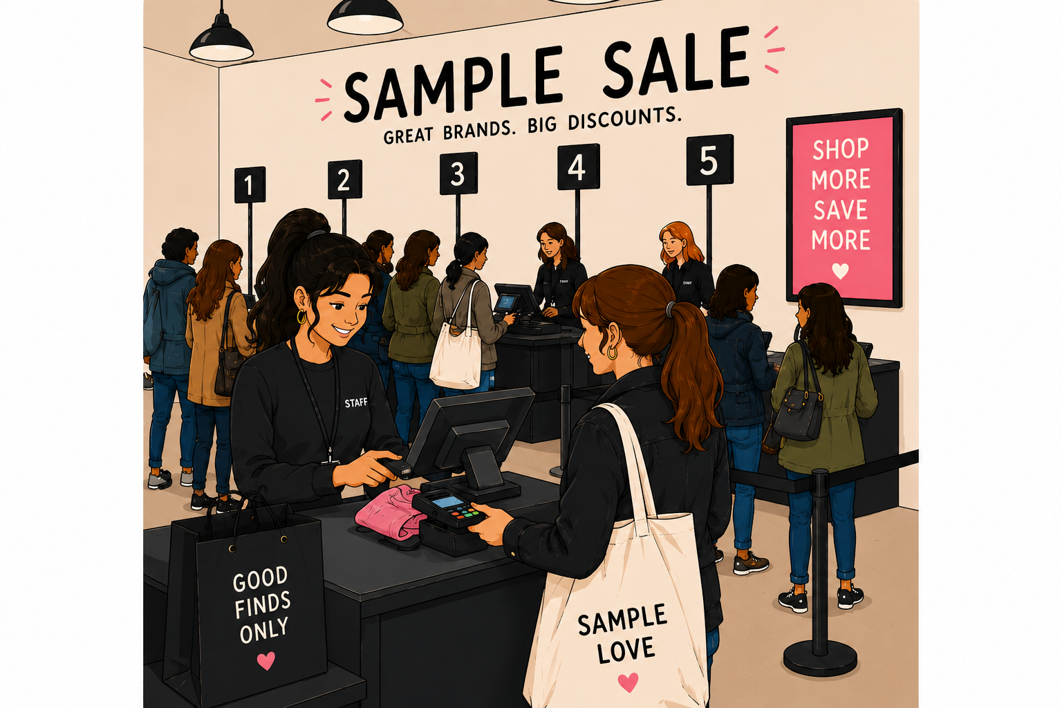 Drukke sample sale met meerdere kassa's