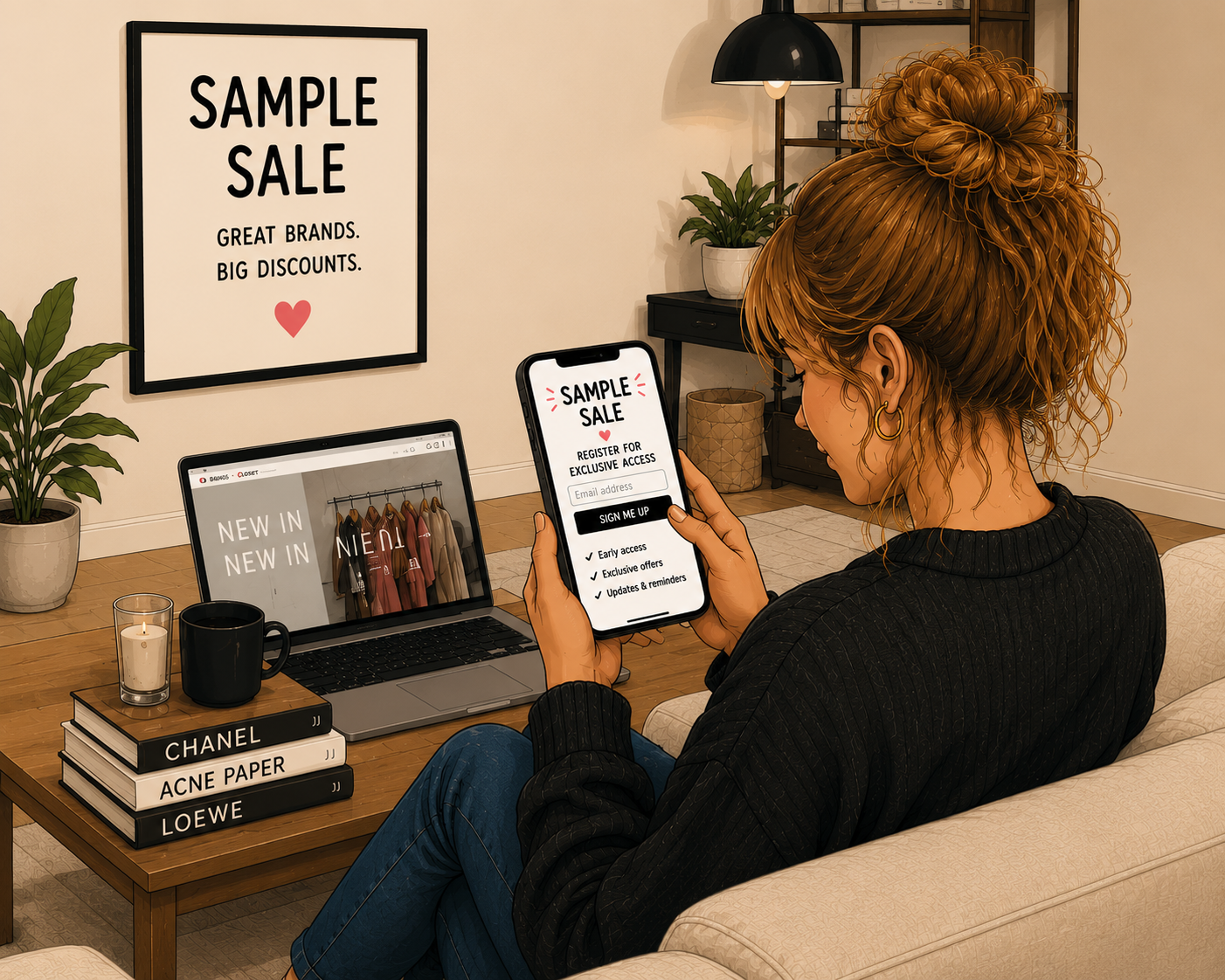 Klant schrijft zich thuis in voor sample sale